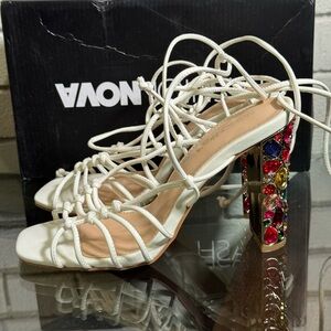 Fashion Nova White Lace-Up Heeled Sandals with Multicolor Jeweled Block Heel
